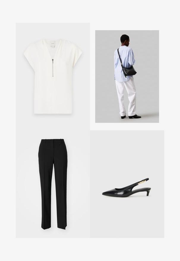 Top bianco a maniche corte con scollatura a V e dettagli con zip argentata sul davanti, realizzato in tessuto morbido e leggero. Design minimalista.; Pantaloni neri su misura con un design a gamba dritta, caratterizzati da una texture liscia e pieghe ben definite sul davanti. Senza hardware visibile.; Tacchi slingback in pelle nera con punta affusolata, caratterizzati da un tacco alto e un accento dorato sulla cinghia regolabile. Texture liscia.; Borsa a tracolla in pelle nera con una texture morbida, forma triangolare e tracolla regolabile, abbinata a una camicia a righe blu chiaro e pantaloni bianchi.