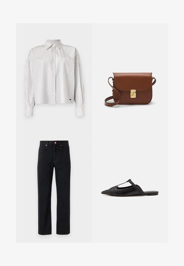 Chemise blanche avec des rayures verticales navy, devant à boutons, col, manches longues et poche poitrine. Tissu doux avec une coupe structurée.; Jean en denim noir avec une coupe droite, design cinq poches, détails en bouton cuivré et couture minimale visible.; Chaussure en cuir noir à talon ouvert avec un bout pointu, présentant un accent tressé et un design supérieur plissé. Semelle plate avec un matériel minimal.; Sac à main en cuir marron avec une fermeture à rabat, des accents en métal doré, une bandoulière et une texture lisse. Forme rectangulaire compacte.