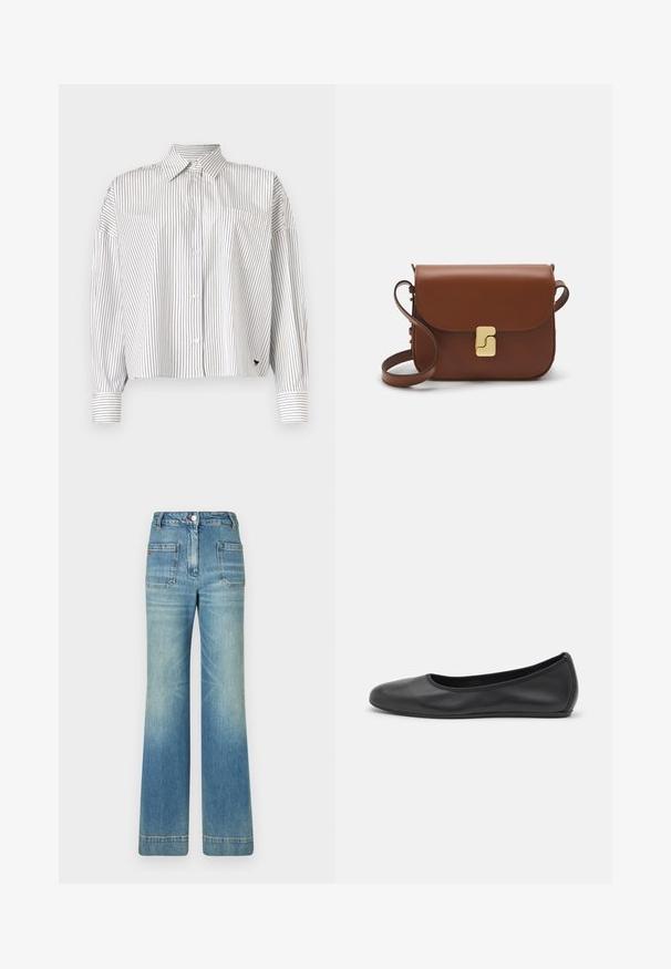 Chemise blanche avec des rayures verticales navy, devant à boutons, col, manches longues et poche poitrine. Tissu doux avec une coupe structurée.; Jeans en denim bleu clair évasés avec cinq poches, passants de ceinture, fermeture à bouton et une texture légèrement décolorée, présentant un détail de logo rouge à l'arrière.; Ballerines en cuir noir avec un bout rond, texture lisse, détails de couture minimalistes et design de semelle flexible.; Sac à main en cuir marron avec une fermeture à rabat, des accents en métal doré, une bandoulière et une texture lisse. Forme rectangulaire compacte.
