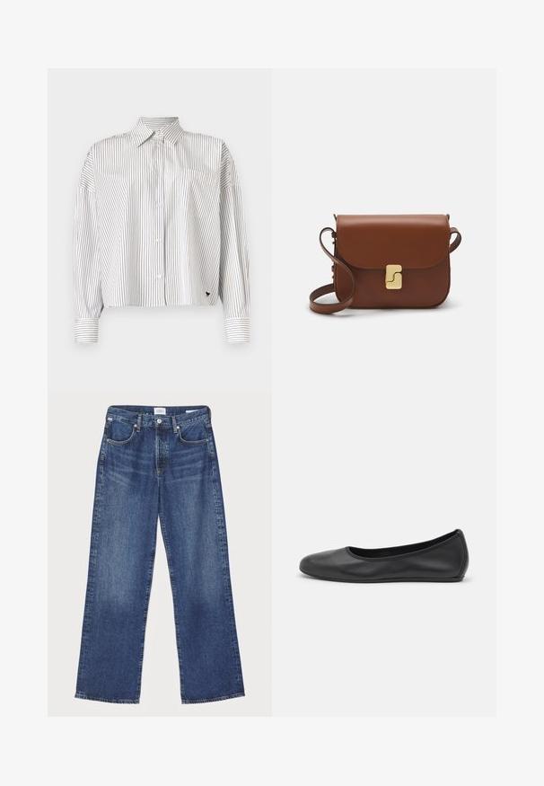 Chemise blanche avec des rayures verticales navy, devant à boutons, col, manches longues et poche poitrine. Tissu doux avec une coupe structurée.; Citizens of Humanity ANNINA - Jean droit - westwood dark indigo; Ballerines en cuir noir avec un bout rond, texture lisse, détails de couture minimalistes et design de semelle flexible.; Sac à main en cuir marron avec une fermeture à rabat, des accents en métal doré, une bandoulière et une texture lisse. Forme rectangulaire compacte.