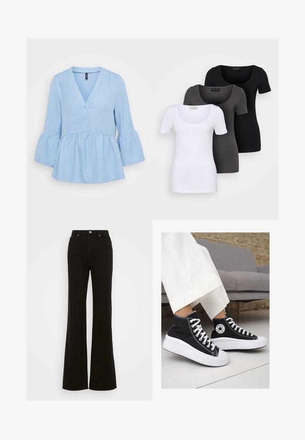 Jasnoniebieska tunika wykonana z teksturowanej tkaniny, z dekoltem w kształcie litery V, zapinana na guziki z rozszerzanymi rękawami o długości trzy czwarte i falbaniastym wykończeniem.; Trzy dopasowane koszulki w kolorze białym, szarym i czarnym. Każda z nich ma szeroki dekolt w serek i krótkie rękawy. Wykonana z gładkiego, elastycznego materiału.; Czarne dżinsy z wysokim stanem i rozszerzanymi nogawkami, wykonane z denimu, z zapięciem na guzik, bocznymi kieszeniami oraz gładką fakturą.; Czarne trampki typu high-top z białą gumową podeszwą i sznurowadłami. Posiadają okrągłe logo z boku oraz kontrastujące białe szwy.