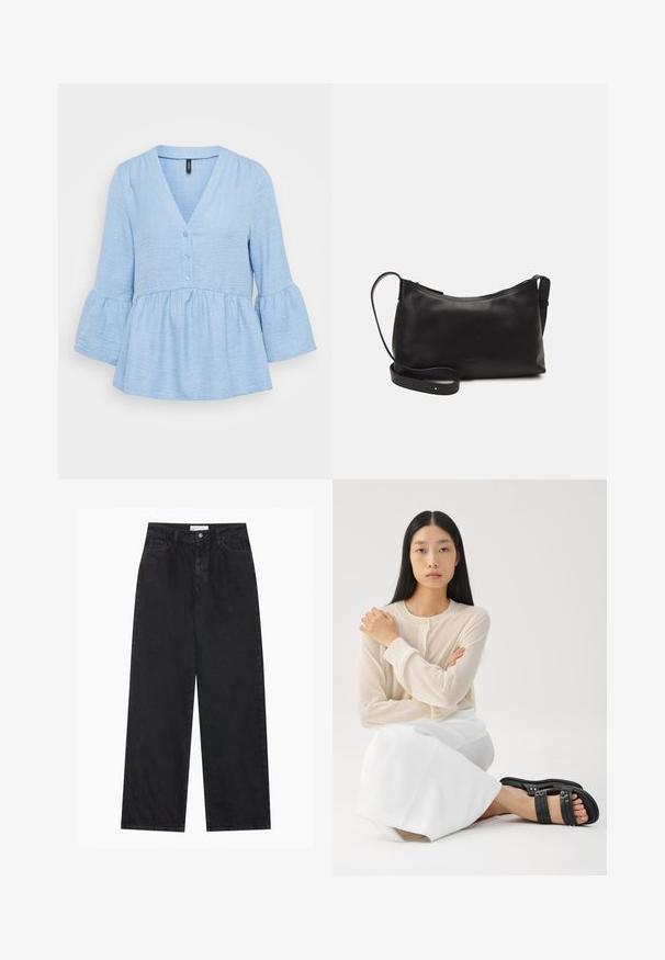 Tunică de culoare albastru deschis, realizată dintr-un material texturat, având un decolteu în V, închidere cu butoane și mâneci evazate până la trei sferturi cu tiv ondulat.; Jeans din denim negre cu talie înaltă, largi, cu închidere prin buton și fermoar frontal, urechi pentru curea și stil cu cinci buzunare.; Cămașă lungă cu mânecă bej deschis, cu nasturi, asociată cu o fustă albă; modelul poartă sandale negre cu sireturi, stând cu brațele încrucișate.; Geantă de umăr din piele neagră, cu o textură netedă, formă curbată, curea ajustabilă și închidere cu fermoar. Design minimalist, fără embellishments.