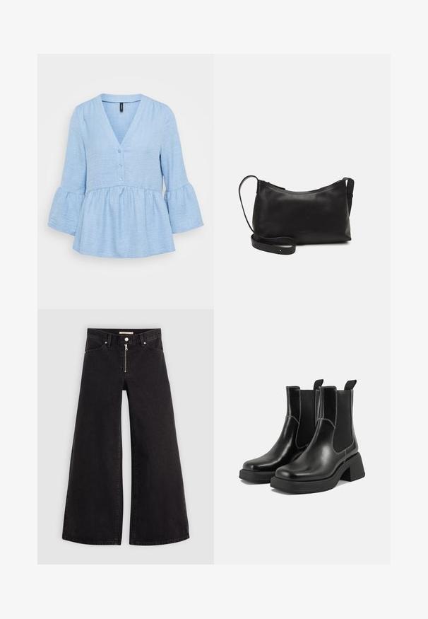 Lichtblauw tuniek met een textuurstof, met een V-halslijn, knoopsluiting aan de voorkant en flonkerende driekwartmouwen met een gerimpelde zoom.; Wijdvallende jeans van zwarte denim met een ritssluiting aan de voorkant, vijf zakken en subtiele stikdetails. Soepele textuur en casual stijl.; Zwarte leren Chelsea-boots met een chunky hak, elastische zijpanelen en contrasterende witte stiksels. Gestructureerde afwerking.; Zwarte leren schoudertas met een gladde textuur, gebogen vorm, verstelbare schouderband en een ritsafsluiting. Minimalistisch ontwerp zonder versieringen.