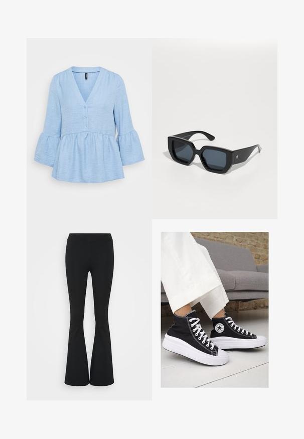 Svetlomodrá tuniková blúzka z textúrovanej látky, s výstrihom do V, predným zapínaním na gombíky a rozšírenými trojštvrťovými rukávmi s volánovým lemom.; Čierne rozšírené nohavice vyrobené z elastického materiálu, s vysokým pásom a hladkou textúrou. Nohavice sa rozširujú od kolena.; Čierne plátkové tenisky s vysokým strihom a bielymi gumovými podrážkami a šnúrkami. Majú okrúhly logotyp na boku a kontrastné biele stehy.; Čierne nadrozmerné slnečné okuliare s geometrickým vzorom, obdĺžnikové šošovky a lesklý povrch. Na prednej strane nie sú viditeľné žiadne značky.