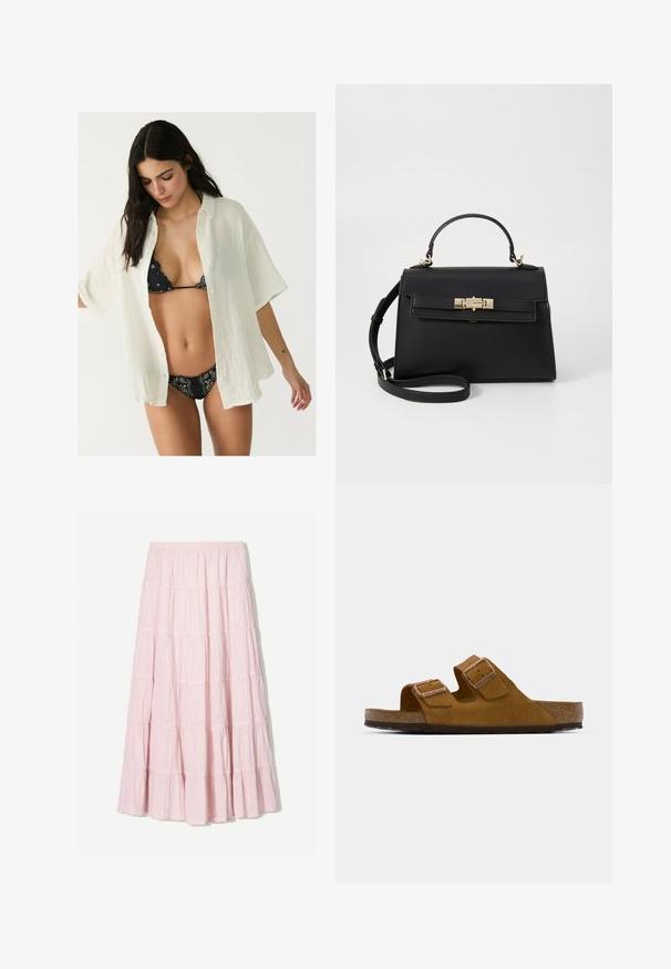 Vit, överdimensionerad skjorta med knappar i en strukturerad tyg, bärs öppen över en svart mönstrad bikini. Korta ärmar och en avslappnad passform.; Ljusrosa, vågad maxiklänning gjord av ett texturerat, lätt material. Elastisk midja och flytande fåll med volangdetaljer.; Bruna mockaskinnssandaler med två justerbara remmar, korkfotbett och en strukturerad gummisula. Minimalistisk design utan ytterligare utsmyckningar.; Svart läderhandväska med en strukturerad design, överhandtag, avtagbar axelrem och detaljer i gyllene metall. Har en framknäppning.