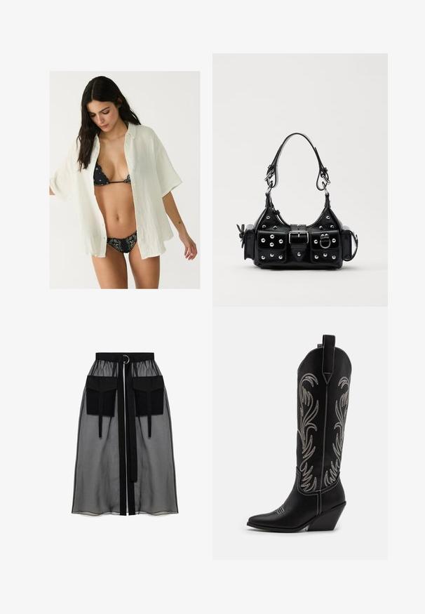 Camicia bianca oversize con bottoni, caratterizzata da un tessuto texturizzato, indossata aperta su un bikini nero a fantasia. Maniche corte e vestibilità rilassata.; Gonna nera trasparente con una vita arricciata, dotata di due ampie tasche frontali, un laccetto in vita e un ornamento metallico circolare.; Stivali da cowboy in pelle nera con punte affusolate, tacchi a zoccolo e motivi floreali ricamati in argento lungo il gambale. Cuciture a contrasto in tutto lo stivale.; Borsa a mano in pelle nera con design curvo, caratterizzata da borchie argentate, una fibbia e due tasche laterali. Tracolla regolabile per diverse opzioni di trasporto.