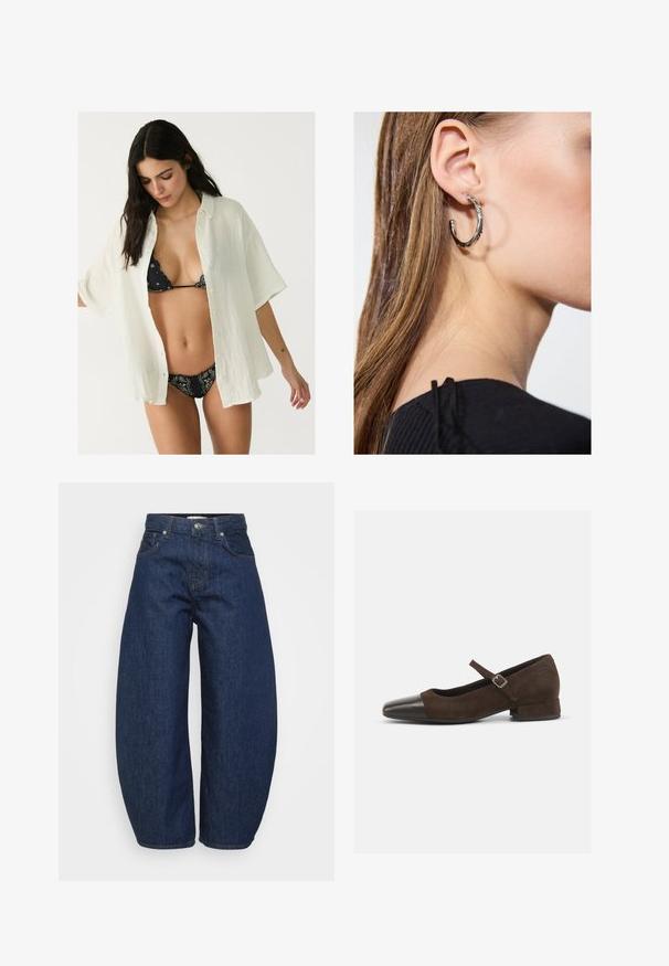 Weißes, übergroßes Button-up-Hemd aus strukturiertem Stoff, offen über einem schwarzen gemusterten Bikini getragen. Kurze Ärmel und eine lockere Passform.; Hochtaillierte dunkelblaue Denim-Jeans mit weitem Bein, Knopf- und Reißverschluss vorne sowie klassischem Fünf-Taschen-Design.; Braune Wildleder-Mary-Jane-Schuhe mit einer schwarzen Lackleder-Zehenspitze, verstellbarem Riemen und einem niedrigen Blockabsatz. Glatte Textur mit minimalen Akzenten.; Silberne Creolen mit polierter Oberfläche, die kleine goldene Akzentdetails und eine runde Form aufweisen, am Ohrläppchen getragen.