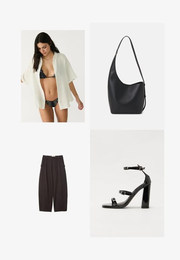 White, oversized button-up shirt featuring a textured fabric, worn open over a black patterned bikini. Short sleeves and a relaxed fit.; Black wide-leg trousers made from a smooth fabric, featuring a high waist, front pleats, and side pockets. Simple design without embellishments.; Black patent heeled sandals with a square toe, ankle straps, and silver buckles. Features a chunky block heel for stability.; Black leather hobo bag with a smooth texture, curved shape, and single adjustable strap; features a wide opening at the top.