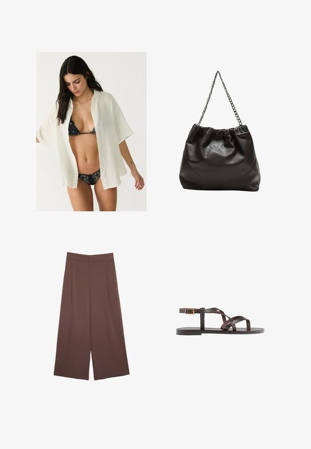 Weißes, übergroßes Button-up-Hemd aus strukturiertem Stoff, offen über einem schwarzen gemusterten Bikini getragen. Kurze Ärmel und eine lockere Passform.; Braune Weite-Leg-Hosen mit einer glatten Textur, hoher Taille und Vorderfalten. Der Stoff ist leicht und fällt locker.; Braune Leder-Sandale mit überkreuzten Riemen, einem Knöchelriemen mit Schnalle und einer flachen Sohle mit minimalen Nähdetails.; Braune Lederhandtasche mit gerafftem Oberteil und Kettenriemen. Glatte Textur mit glänzendem Finish und subtilen Nahtdetails an den Seiten.
