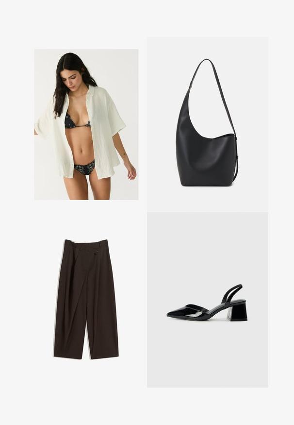 Camicia bianca oversize con bottoni, caratterizzata da un tessuto texturizzato, indossata aperta su un bikini nero a fantasia. Maniche corte e vestibilità rilassata.; Pantaloni a gamba larga marrone scuro con vita alta, dotati di una chiusura con bottone singolo e una parte anteriore plissettata. Realizzati in tessuto leggero.; Décolleté in vernice nera con punta affusolata e tacco in geometria cubica. Presentano un design elegante e minimalista, con una texture liscia.; Borsa hobo nera in pelle con una superficie liscia, forma curvata e una singola tracolla regolabile; presenta un'ampia apertura nella parte superiore.