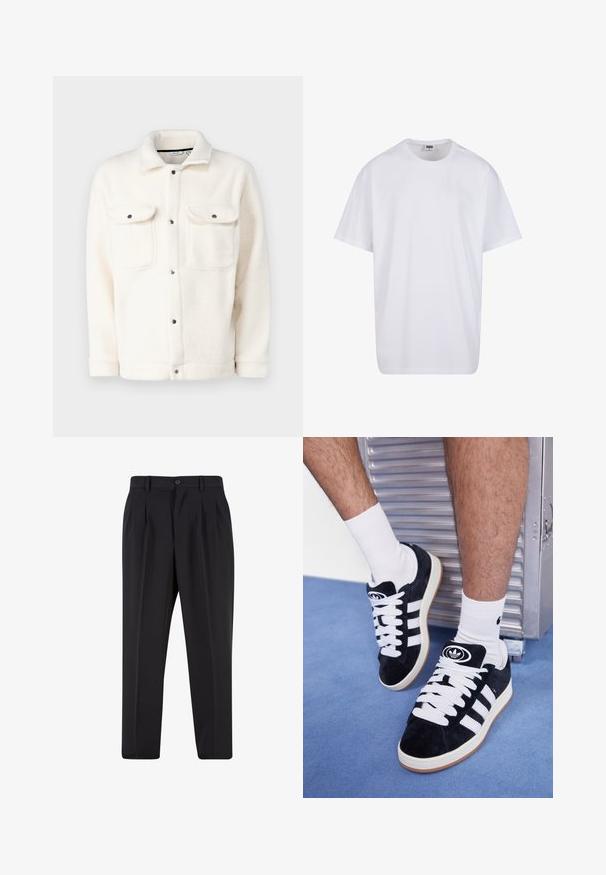 Heledest fleecest jakk off-white värviga, nupuga kinnitusega, kahekese rinnataskuga ja särk kraega. Omab tekstuurset pinna ja ümarate mansettidega.; Valge puuvillane t-särk lühikeste varrukatega, ümmarguse kaelusega, lõdva lõikega ja ilma nähtavate logodeta või mustriteta. Sile tekstuur ja minimaalne disain.; Mustad püksid, millel on voltidega eesmine disain, valmistatud siledast kangast. Omab nup closure ja vöökinnitusauke; sirge jalgade lõige.; Mustad nahkjalatsid valgete paelte ja kolme valge triibuga. Omab ümmargust musta logo keele peal ning kummist tallat.