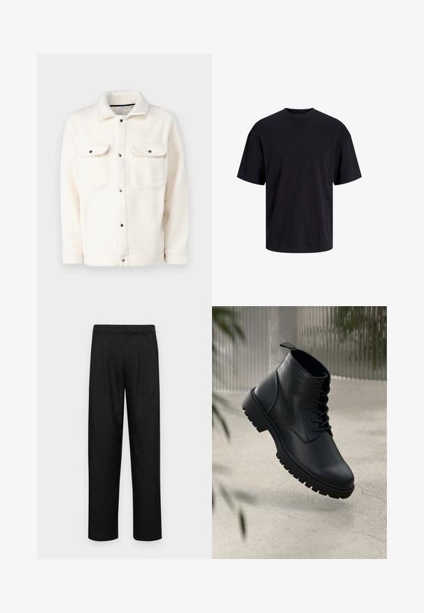 Fleecejakke i off-white med knappelukking, to brystlommer og skjortekrage. Den har en teksturert overflate og runde mansjetter.; Svart bomull t-skjorte med rund hals, korte ermer og en avslappet passform. Glatt tekstur uten synlige mønstre eller detaljer.; Sorte bukser laget av glatt stoff, med rette ben, to frontfoldninger og standard liv med beltehemper.; Sorte skinn ankleboots med rund tå, snøring og grov gummisåle. Glatt tekstur med en stropp bak.