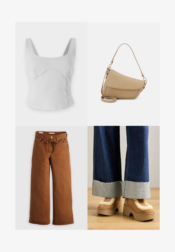 Gray cotton crop top with a square neckline, wide straps, and curved seams. Smooth texture with a fitted design and no visible hardware.; Brown wide-leg trousers made from durable fabric, featuring a drawstring waist, front pockets, and silver hardware accents.; Brown suede platform boots with cream fur lining, paired with wide-leg denim pants featuring frayed hems and a lighter denim cuff.; Even&Odd Handbag - beige