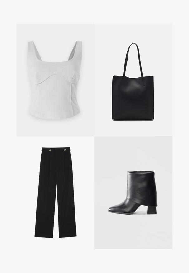 Gray cotton crop top with a square neckline, wide straps, and curved seams. Smooth texture with a fitted design and no visible hardware.; Black wide-leg trousers with high waist, button details on waistband, and front pleats.; Black leather ankle boot with a pointed toe, smooth texture, and a structured block heel. Features a high, folded cuff design.; Black leather tote bag with smooth texture, rectangular shape, and two long handles. No visible hardware or embellishments.