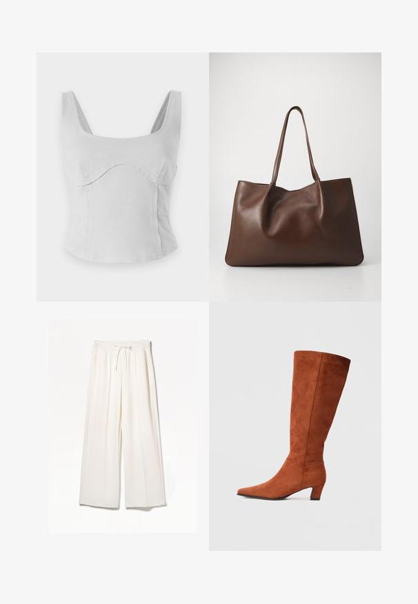 Grå bomullskroppstopp med fyrkantig halsringning, breda band och välvda sömmar. Slät textur med en figurnära design och ingen synlig hårdvara.; Vita vida byxor i lätt tyg, med elastisk midja, dragsko och sidofickor utan synliga mönster.; Bruna mockaskinn knähöga stövlar med spetsig tå och en liten klack, med en slät yta och minimalistisk design.; Brun läder tote-väska med en mjuk, slapp design. Har två långa handtag och en slät textur utan synlig hårdvara eller mönster.