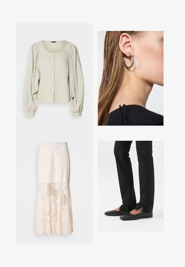 Blusa beige chiaro realizzata in tessuto texturizzato, con scollatura rotonda, chiusura con bottoni e maniche lunghe gonfie con dettagli arricciati.; Gonna midi in pizzo floreale color crema; presenta un design a strati con sezioni trasparenti, pizzo testurizzato e un orlo svasato.; Ballerine in pelle nera con punta appuntita, cinturino con fibbia in argento, abbinate a pantaloni neri su misura con orlo a spacco.; Orecchino a cerchio in argento con finitura lucida, caratterizzato da piccoli dettagli in oro e una forma tondeggiante, indossato sul lobo.
