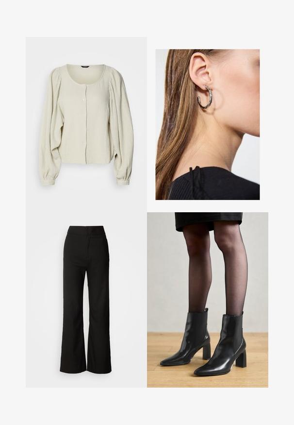 Hellbeige Bluse aus strukturiertem Stoff, mit rundem Halsausschnitt, Knopfleiste und langen, gepufften Ärmeln mit Raffung.; Schwarzes Tanktop aus weichem, dehnbarem Stoff. Mit Rundhalsausschnitt und breiten Trägern, tailliert geschnitten und mit glatter Oberfläche.; Schwarze weit geschnittene Hosen mit glatter Textur, hoher Taille und klarem Design. Keine sichtbaren Taschen oder Verzierungen.; Schwarze Leder-Ankle-Boots mit spitzer Zehenform, klobigem quadratischem Absatz und schlankem Design. Verfügt über elastische seitliche Einsätze für leichtes An- und Ausziehen.; Silberne Creolen mit polierter Oberfläche, die kleine goldene Akzentdetails und eine runde Form aufweisen, am Ohrläppchen getragen.