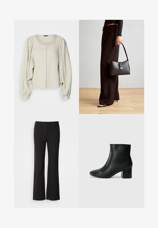 Világos bézs blúz, amely textúrált anyagból készült, kerek nyakkivágással, gombos elülső résszel és puffos, hosszú ujjakkal, amelyek gyűrt részletekkel rendelkeznek.; Fekete pamut keverék nadrág egyenes szárú dizájnnal, elülső gombos záródással és két oldalsó zsebbel. Simára kialakított textúra, nincs látható minta.; Fekete bőr bokacsizma hegyes orral és vastag sarokkal. Sima felület minimális díszítéssel és karcsú, passzos kialakítással.; Fekete kézi táska strukturált formával, sima textúrával és fémből készült záródással. Széles fekete nadrággal és nyitott orrú szandállal párosítva, fából készült padlón.