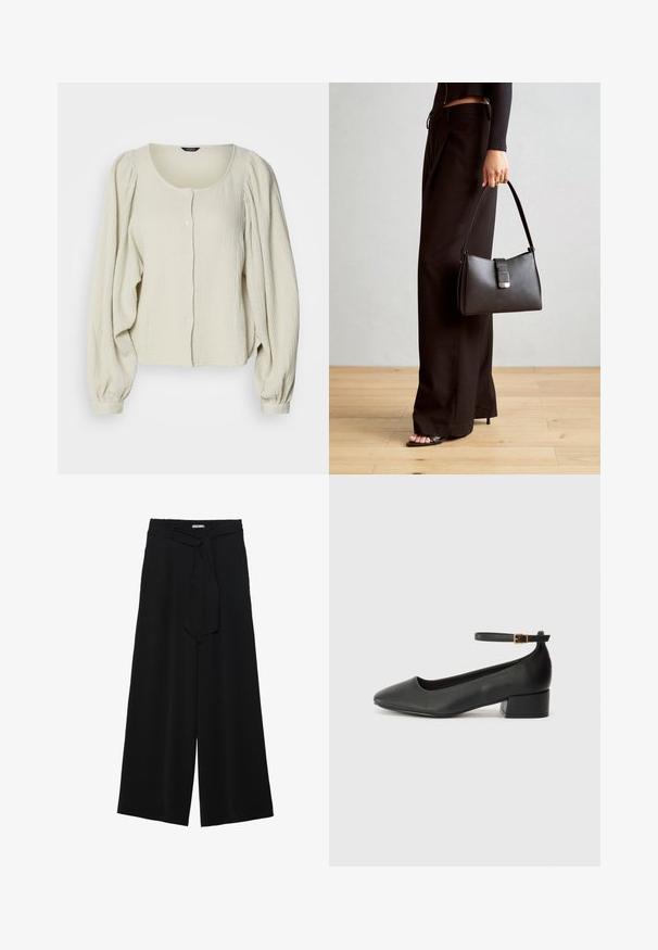 Svijetložuta bluza od teksturirane tkanine, s okruglim izrezom, prednjim zatvaranjem na gumbe i napuhanim dugim rukavima s naboranim detaljima.; Crne široke hlače od teksturirane tkanine, s elastičnom pojasom i odvojivim remenom na struku za prilagodivo pristajanje.; Crne kožne pumpe s oštrim vrhom i niskom blok petom. Sadrže remen oko gležnja s zlatnim kopčanjem. Glatka tekstura.; Crna torba s oblikom koji sadrži strukturu, glađu teksturu i metalnu kopču. Uparena s širokim crnim hlačama i sandalama na otvorenom s drvenog poda.