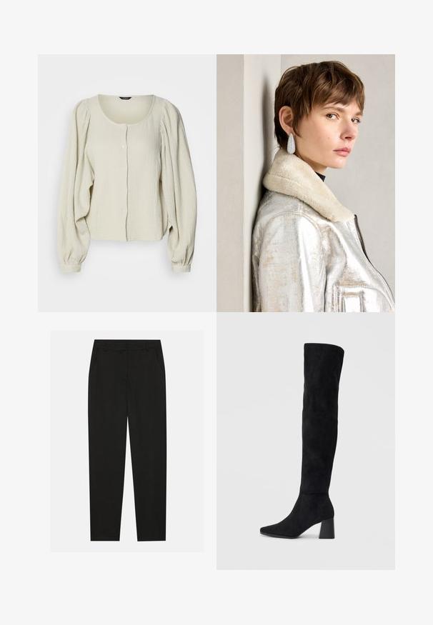 Light beige blouse made of textured fabric, featuring a round neckline, button front, and puffed long sleeves with gathered detailing.; Black trousers with a tailored design, featuring side pockets and a straight leg. Made from smooth, lightweight fabric with a sleek finish.; Black suede knee-high boot with block heel, pointed toe, and smooth, seamless design on a plain light background.; Silver metallic leather jacket with shearling collar, featuring a zip closure and textured surface. Large teardrop earrings with clear gemstones.