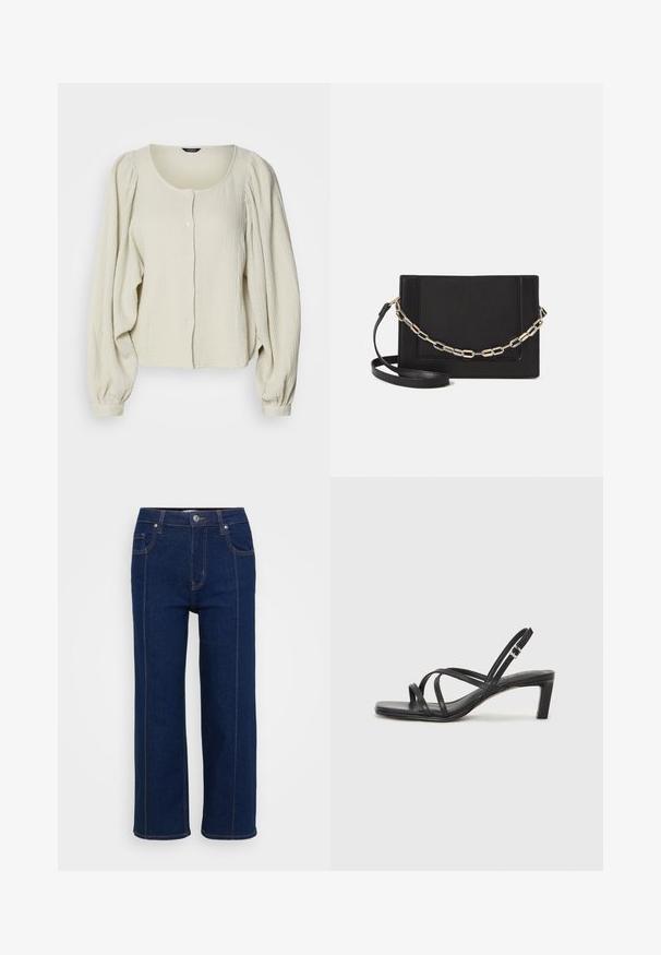 Lichtbeige blouse van gestructureerde stof, met een ronde halslijn, knoopsluiting aan de voorkant en opbollende lange mouwen met geplooide details.; Donkerblauwe wijde spijkerbroek gemaakt van denim, met een rits aan de voorkant, metalen knoopsluiting en contrasterende oranje stiksels op de naden.; Zwarte sandaal met bandjes, vierkante teen en een lage blokhak. Voorzien van meerdere dunne bandjes en een verstelbare enkelband. Gemaakt van zacht leer.; Zwarte leren schoudertas met een gladde textuur, rechthoekige vorm en een metallic kettingdetail aan de voorkant. Verstelbare schouderband inbegrepen.