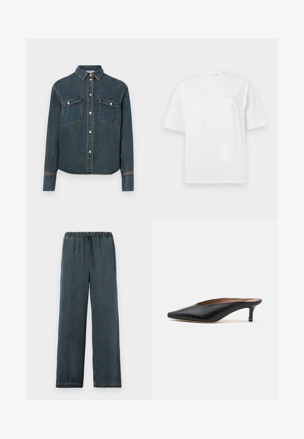 Denimhemd mit kragenlosem Ausschnitt, langen Ärmeln, zwei Brusttaschen und Frontknopfverschluss. Dunkelblaue Farbe mit ausgebleichtem Muster.; Weißes Baumwoll-T-Shirt mit kurzen Ärmeln, Rundhalsausschnitt und dezentem grauem Logo-Detail auf der Vorderseite. Glatte Textur, normale Passform.; Dunkelblaue Denim-Hosen mit elastischem Bund und Zugband. Weites Bein-Design mit fertigen Säumen und einer glatten, strukturierten Oberfläche.; Schwarze Leder-Mules mit spitzem Zehenbereich und niedrigem Blockabsatz. Glatte Textur mit elegantem Design. Offene Rückseite mit minimaler Gestaltung.
