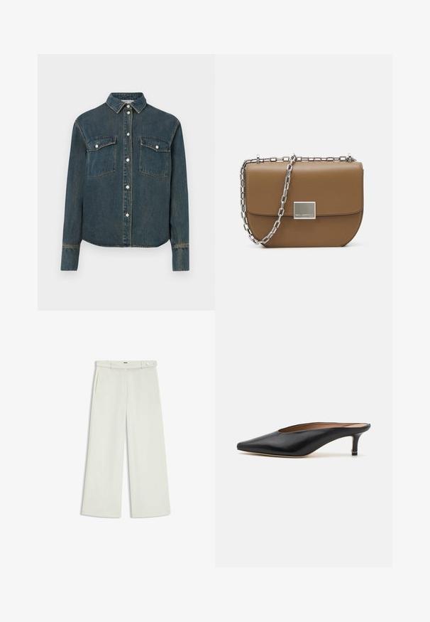 Denim overhemd met een kraag, lange mouwen, twee borstzakken en een sluiting met knopen aan de voorkant. Donkerblauwe kleur met een vervaagde textuur.; Wijde broek in licht crèmekleurige stof, met zijzakken, een platte voorkant en een enkele knoopsluiting bij de taille. Glad van textuur.; Zwarte leren muiltjes met een puntige neus en een lage, blokhak. Glad oppervlak met een gestroomlijnd ontwerp. Open achterkant met minimale details.; Bruine lederen crossbody tas met een gebogen vorm, zilveren kettingriem en een vierkante metalen sluiting aan de voorkant.