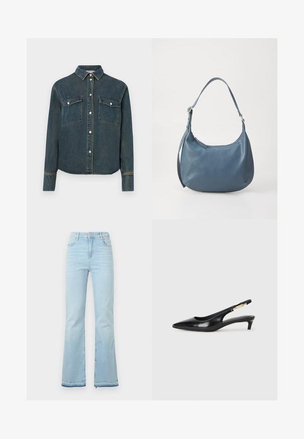 Jeans srajca s ovratnikom, dolgimi rokavi, dvema žepoma na prsih in sprednjim gumbom. Temno modra barva s pobledelim teksturo.; Svijetloplave traperice s rasponom, visokog struka, s prednjim džepovima i sirovim rubom na manžetama za ležeran izgled.; Črne usnjene sandale na peto z ostro konico, ki imajo tanko peto in zlat ton na nastavljivem traku. Gladka tekstura.; Modra usnjena torbica z zaobljeno obliko, enim naramnim ročajem, zadrgo in vtisnjenim imenom blagovne znamke na sprednji strani. Gladka tekstura.