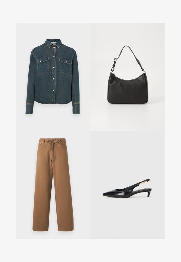 Traper košulja s ovratnikom, dugim rukavima, dvije džepove na prsima i prednjim kopčanjem na dugmad. Tamnoplava boja s izblijedjelom teksturom.; Smeđe široke hlače izrađene od pamuka, sa podesivim pojasom i dva prednja džepa. Teksturalna tkanina s glatkom završnom obradom.; Crne kožne sandale s petom, s izduženim vrhom, imaju usku petu i zlatni akcent na podesivoj traci. Glatka tekstura.; Crna kožna torba s zakrivljenim oblikom, jednim remenom, zatvaranjem na patentni zatvarač i suptilnim brendiranjem sprijeda. Glatka tekstura, minimalistički dizajn.