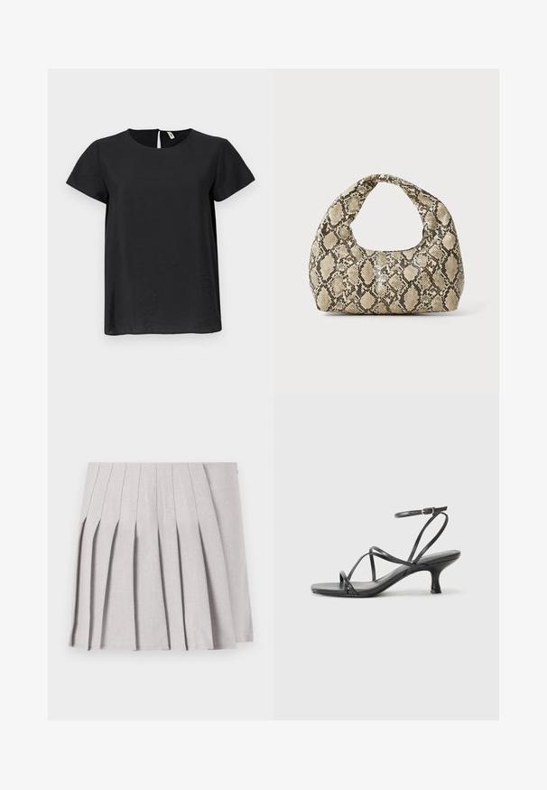 Črna majica s kratkimi rokavi in okroglim izrezom, ravnega kroja. Ima subtilen lesk in odprtino v obliki ključavnice na hrbtu.; Siva plisirana krila z gladko teksturo, ki ima več navpičnih gub in prilegajoč pas. Narejena iz lahkega materiala.; Črne sandale na peto z tankimi trakovi, odprto zasnovo na prstih in majhno, rahel okrogel peto. Material se zdi gladek in sijoč.; Torba z vzorom kače s ukrivljenim ročajem. Narejena iz teksturiranih, bež in rjavih materialov, ki imajo značilen diamante vzorec.