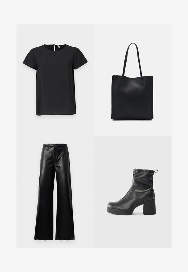 Mustaan lyhythihainen paita, jossa on pyöreä kaula-aukko ja suora leikkaus. Sisältää hienovaraisen kiillon ja avauksen takana.; Mustat korkeat leveät keinonahkahousut, joissa on etupainike, vetoketjukiinnitys, vyölenkit ja sivutaskut valkoista taustaa vasten.; Mustat nilkkurit, jotka on valmistettu sileästä nahasta. Niissä on sivuvetoketju, paksu teksturoitu korko ja pyöristetty kärki.; Mustapahkainen kangaskassi, jossa on sileä pinta, suorakaiteen muotoinen ja kaksi pitkää kahvaa. Ei näkyvää metalliosaa tai koristeita.