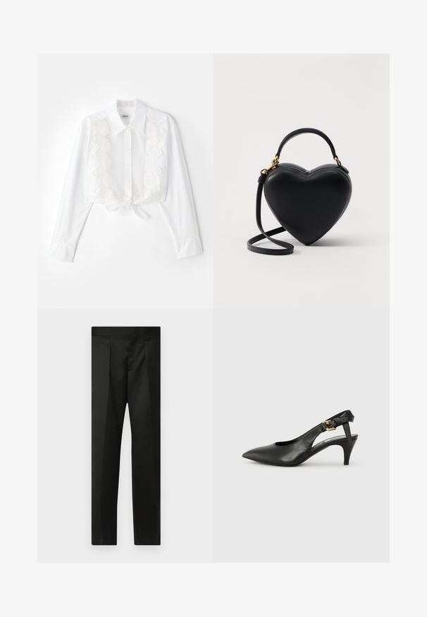 Witte cropped shirt met een puntkraag, een sluiting met knopen aan de voorkant en textuurkantdetails in het midden; gestrikt aan de taille.; Zwarte broek van soepele stof, met een nauwsluitend ontwerp, rechte benen en een platte tailleband zonder zichtbare sluitingen of zakken.; Zwarte leren slingback pump met een puntige neus, kleine hak en een gesp detail op de enkelband. Glad textuur, minimalistisch ontwerp.; Zwarte hartvormige tas van soepel leer, met een handvat aan de bovenkant, een afneembare schouderband en accenten van goudkleurig beslag.