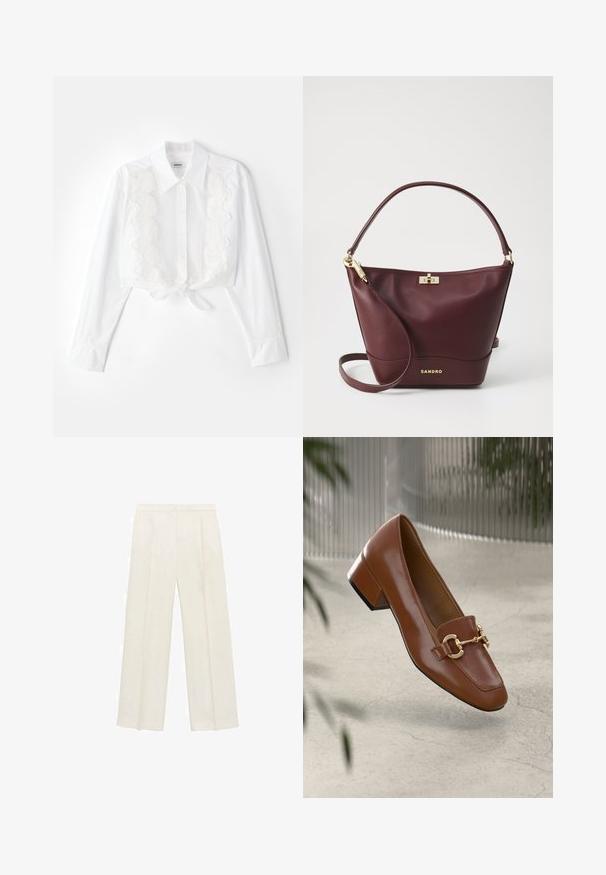 Weißes kurz geschnittenes Shirt mit spitzem Kragen, Knopfleiste vorne und strukturierter Spitzenverzierung in der Mitte; gebunden am Saum in der Taille.; Weit geschnittene Hosen in einem hellen cremefarbenen Farbton. Hergestellt aus einem glatten Stoff mit Falten an der Vorderseite und seitlichen Taschen.; Braune Lackleder-Loafer mit quadratischer Zehenpartie, metallischem Kettenakzent und niedrigem Blockabsatz; glatte Textur, minimalistisches Design.; Bordeauxfarbige Lederhandtasche mit einer strukturierten Form, einem flachen Boden, einem runden Griff und goldfarbenen Beschlägen, die einen Verschluss und ein Logodetail aufweisen.
