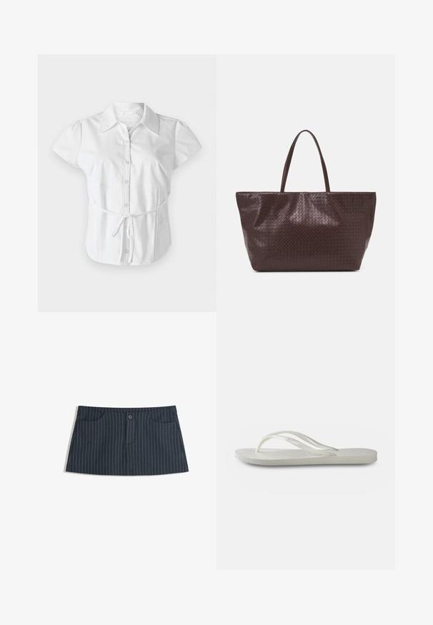 Hollister Co. SLIM SHIRTING - Hemdbluse - white; Marineblaues Minirock mit Nadelstreifen, vorderen Taschen und einem einzelnen Knopfverschluss an der Taille.; Weiße Flip-Flops mit einer strukturierten Sohle, dünnen Riemen und einem flachen Design. Hergestellt aus Gummi mit einem dezenten Logo auf der Fußsohle.; Braune geflochtene Leder-Totetasche mit zwei Griffen, einer strukturierten Form und einer strukturierten Oberfläche, die ein durchgängiges Rautenmuster aufweist.; Goldfarbene Creolen mit einer eleganten, verlängerten Form, einem polierten Finish und einem sicheren Verschluss.