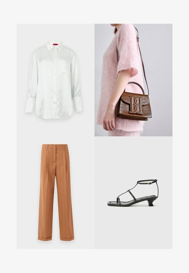 Witte satijnen blouse met lange mouwen, spitse kraag, knopen aan de voorkant, borstzak en brede manchetten op een effen achtergrond.; Bruine broek met streepdessin, uitgevoerd in een taillerende ontwerp met plooien, een rechte snit en een omgeslagen zoom. Gemaakt van een gladde stof.; Zwarte leren sandaal met een vierkante neus, dunne banden, een verstelbare enkelriem en een lage hak. Heeft een kleine gouden accent op de band.; Bruine handtas met krokodillenembossing, met een bovenste handvat en schouderriem. Kenmerkt zich door een opvallend logo op de voorflap. Zachte textuur.