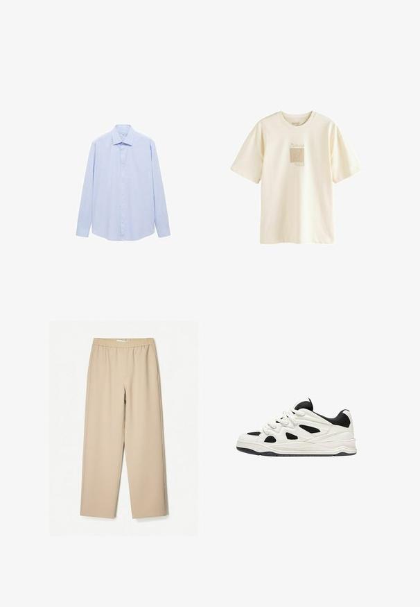 Světle modrá košile s dlouhým rukávem z tkané látky, s klasickým límcem a plnou přední částí na knoflíky, s rovný řezem a bez vzorů.; Krémové tričko vyrobené z měkké bavlny, s minimalistickým grafickým potiskem inspirovaným Picassovým stylem v mírně texturovaném provedení.; Beige kalhoty širokého střihu s elastickým pasem, vyrobené z měkké tkaniny, s hladkým povrchem a minimálním počtem švů.; Bílé a černé sportovní boty s texturovanou podrážkou, s výřezovými vzory na bocích a tkaničkami, a měkkým zadním dílem pro podporu.