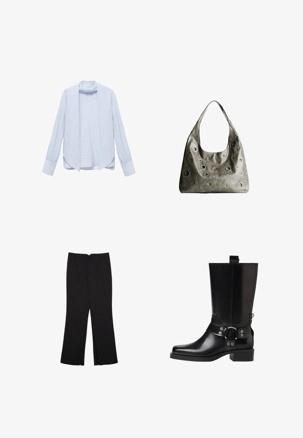 Camicia azzurra chiara a maniche lunghe realizzata in tessuto testurizzato, con un design aperto sul davanti e un colletto sottile. Presenta maniche con risvolto e una vestibilità rilassata.; Pantaloni neri a gamba dritta, con tasche frontali e spacchi laterali all'orlo. Realizzati in tessuto morbido e liscio. Adatti a diverse occasioni.; Stivale in pelle nera alto fino al ginocchio con punta affusolata, dettagli in argento e tacco largo. Presenta un inserto per facilitare l'indossamento.; Borsa a tracolla in pelle verde oliva con un design morbido, caratterizzata da tagli circolari di diverse dimensioni e dettagli in tonalità più scure e più chiare.