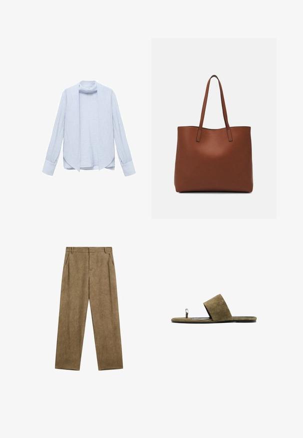 Camicia azzurra chiara a maniche lunghe realizzata in tessuto testurizzato, con un design aperto sul davanti e un colletto sottile. Presenta maniche con risvolto e una vestibilità rilassata.; Pantaloni in lino marroni con una vestibilità comoda, caratterizzati da due tasche laterali e una texture liscia, progettati con una vita alta e gambe larghe.; Sandalo scivoloso in suede marrone con una fascia larga e un leggero anello per le dita con un accento metallico. Suola piatta con una sottile texture e bordi a contrasto.; Borsa tote in pelle marrone con texture liscia, design con apertura superiore e due spallacci. Presenta cuciture minime e nessun hardware visibile.