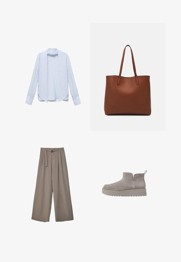 Svetlo modrá, dlhá košeľa s dlhým rukávom vyrobená z textúrovaného materiálu s otvoreným predným dizajnom a jemným golierom. Obsahuje manžetové rukávy a voľný strih.; Široké nohavice v jemnej, tlmenej šedej tkanine, s opaskom v pase a vreckami pre dodatočný dizajnový detail. Hladký povrch, bez vzorov.; Šedé semišové kotníkové boty s nízkým profilem, elastickými postranními panely a texturovanou gumovou podrážkou. Mají úchytku pro snadné obouvání.; Hnedá kožená taška na rameno s hladkou textúrou, otvoreným vrchom a dvoma ramenými popruhmi. Má minimálne šitia a žiadne viditeľné kovania.