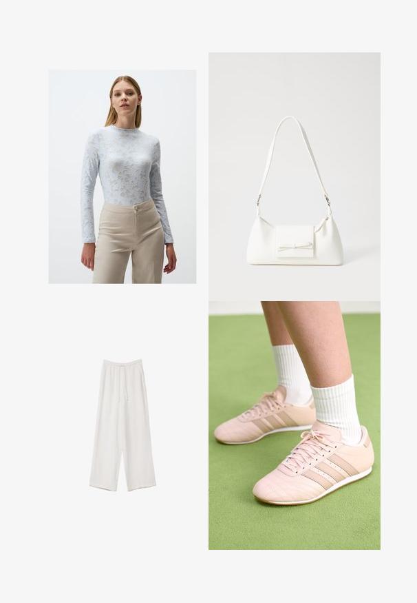 Helles blauen Spitzenoberteil mit langen Ärmeln, das mit floralen Mustern, einem hohen Kragen und einer figurbetonenden Silhouette versehen ist, kombiniert mit beigen, hochtaillierten Hosen.; Weiße weit geschnittene Hose aus leichtem Stoff. Mit einem elastischen Bund und Kordelzug sowie Seitentaschen. Glatte Textur.; Helle rosa Sportschuhe mit schrägen Nähten, weißen Sohlen und drei seitlichen Streifen. Getragen mit gestreiften weißen Socken auf grünem Untergrund.; Weiße synthetische Handtasche in dreieckiger Form, flache Vorderklappe und Schleifendetail, verstellbarer Trageriemen, glatte Textur und minimalistisches Design.