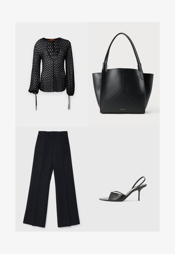 Melnā adīta blūze ar tekstūrētu dimanta rakstu, dziļu V veida kakla izgriezumu, garām piedurknēm un regulējamiem saitēm aprocēs.; Melnas platas kājas bikses no gludas auduma, kurām ir augsta josta, divas aizmugures kabatas un smalkas priekšējās krokas, lai piešķirtu formu.; Melnas ādas siksniņu augstpapēžu kurpes ar norādītu purngalu, plānu potītes siksniņu un stiletto papēdi. Arī ar sasietu detaļu uz vamp.; Melnas ādas plecu soma ar ģeometrisku dizainu, kas aprīkota ar divām rokturiem un zeltainu zīmolu priekšpusē. Gluda tekstūra un strukturēta forma.