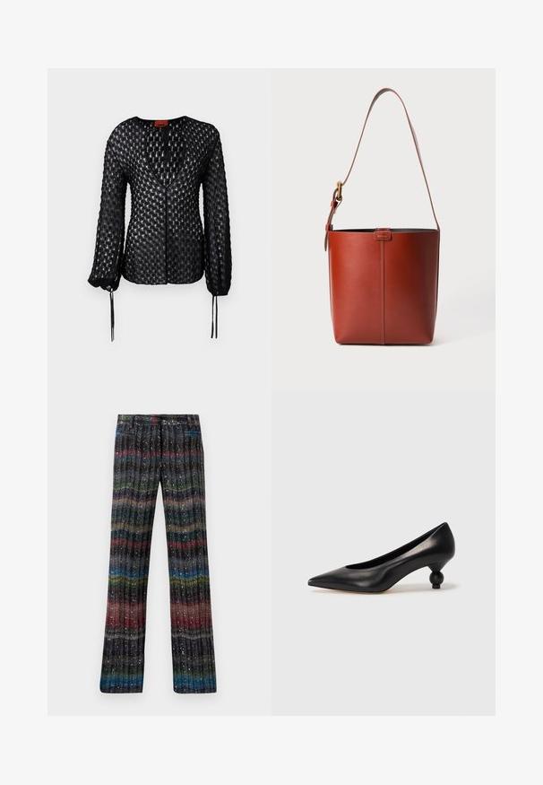 Blusa nera lavorata a maglia con un motivo a diamante testurizzato, scollatura a V profonda, maniche lunghe e nastri regolabili ai polsi.; Pantaloni a gamba larga multicolore e luccicanti con un motivo a righe verticali nelle tonalità di nero, rosso, verde, blu e oro. Vita elastica.; Scarpa con tacco alto in pelle nera, con punta affilata e tacco arrotondato e bombato. Texture liscia con un design elegante e minimalista.; Borsa a secchiello in pelle marrone con tracolla regolabile e fibbia dorata, semplice dettaglio di cucitura verticale sul davanti.