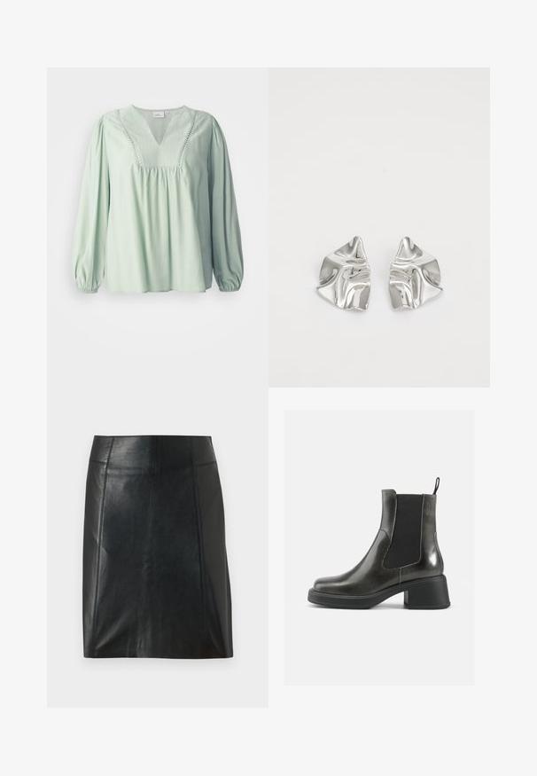 Šviesiai žalia, ilgarankovė bliuska su V formos iškirpte, susirinkusia krūtine ir dekoratyviais siūlais aplink iškirptę. Minkšta tekstūra, laisvas kirpimas.; Juodas odinis sijonas su prigludusia forma. Sklandžiai tekstūra, siūlės apibrėžiančios formą ir tiesus apvadas. Minimalistiškas ir elegantiškas išvaizda.; Juodos odinės kulkšninių botai su lygia apdaila, elastingais šonais ir storu kulnu. Yra vilkimo kilpa, skirta patogesniam apsiaustui.; Sidabriniai metaliniai Auskarai su banginiu, skulptūriniu dizainu, pasižymintys poliruotu paviršiumi ir nereguliariomis formomis, išryškinančiomis šiuolaikišką estetiką.