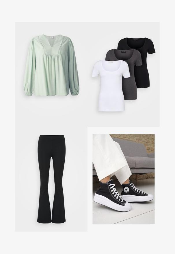 Blusa verde chiaro a maniche lunghe con scollatura a V, corpo arricciato e cuciture decorative lungo il collo. Texture morbida, vestibilità rilassata.; Tre T-shirt aderenti in bianco, grigio e nero. Ognuna presenta un ampio scollo a barca e maniche corte. Realizzate in un tessuto morbido e elastico.; Pantaloni neri a zampa d'elefante realizzati in tessuto elasticizzato, con una vita alta e una superficie liscia. I pantaloni si allargano a partire dal ginocchio.; Sneaker alte nere in tela con suole e lacci bianchi. Presentano un logo circolare sul lato e cuciture bianche a contrasto.