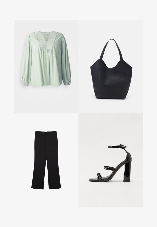 Vaaleanvihreä, pitkähihainen paita, jossa on V-pääntie, rypytetty yläosa ja koristeompeleet pääntiellä. Pehmeä tekstuuri, rento istuvuus.; Mustat housut suoralinjaisella leikkauksella, joissa on etutaskut ja sivurei'ät helman alla. Valmistettu pehmeästä ja sileästä kankaasta. Sopii eri tilaisuuksiin.; Musta kiiltäväpintainen korkokengät, joissa on kaksi solkikiinnitystä, neliönmuotoinen kärki ja paksu korko, sileällä, kiiltävällä pintarakenteella.; Mustat kangaskassit, jotka on valmistettu sileästä nahasta, jossa on kaareva, avoin yläosa, kaksi olkahihnaa ja minimalistinen muotoilu.