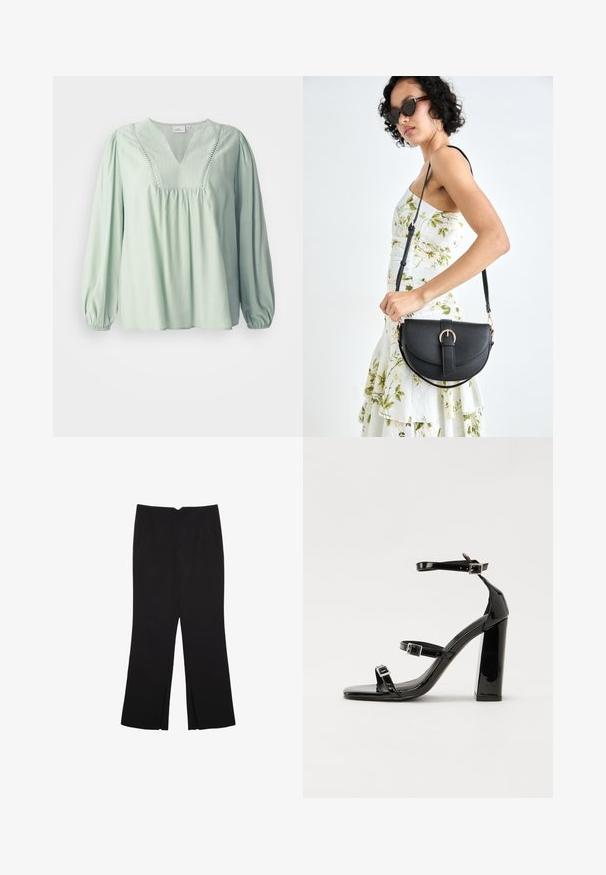 Ljusgrön blus med lång ärm och V-ringning, rynkad kropp och dekorativ sömnad längs halsringningen. Mjuk textur, avslappnad passform.; Svarta byxor med rak passform, utrustade med framfickor och sidoklyvningar vid fållen. Tillverkade av mjukt, slätt tyg. Lämpliga för olika tillfällen.; Svarta lackerade klacksandaler med fyrkantig tå, ankelremmar och silverfärgade spännen. Har en kraftig blockklack för stabilitet.; Svart läderhandväska med en böjd form, avtagbar rem och guldiga detaljer. Väskan har ett lock med en spänndetalj.