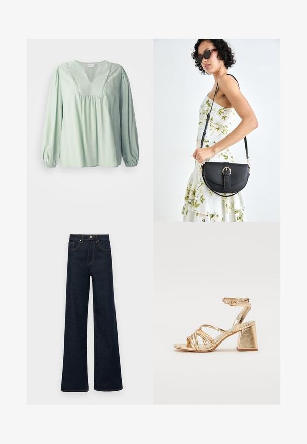 Šviesiai žalia, ilgarankovė bliuska su V formos iškirpte, susirinkusia krūtine ir dekoratyviais siūlais aplink iškirptę. Minkšta tekstūra, laisvas kirpimas.; Tamsiai mėlyni plačios kojų džinsai su priekinėmis kišenėmis, diržo kilputėmis ir mygtuko uždarymu.; Auksinės metalinės kulniuko šlepetės su juostelėmis, kvadratiniu blokiniu kulnu ir reguliuojamu kulkšnies dirželiu su sagtimi. Lygi tekstūra.; Juodas odinis krepšys su išlenkta forma, nuimamu dirželiu ir auksiniais detalėmis. Krepšys turi kilpą su sagtimi.