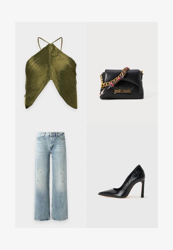 Olivengrøn top med plisséstruktur, der har tynde stropper og en unik trekantet form. Bagfra fremhæves de intrikate stofdetaljer.; Sort langærmet bodysuit med dyb V-hals, lagdelt flæse-design over brystet og klokkeærmer. Glat, strækbart stof.; Lyseblå wide-leg jeans lavet af denim, med en gradient farveeffekt og pyntegenstande af sølv rhinsten i et vertikalt mønster.; Sorte spidse tå stiletto-sko i krokodilleskind med et strømlinet design, høj hæl og glat sort inderside.; Sort læderhåndtaske med en guldkædetræk, som har et mønstret stofaccent og et prægede logo på forsiden.