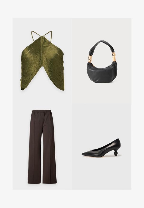 Top verde oliva con texture a plissettatura, dotato di spalline sottili e di una forma triangolare unica. La vista posteriore mette in evidenza il dettaglio intricato del tessuto.; Pantaloni a gamba larga in tessuto marrone scuro con vita elastica, caratterizzati da una superficie liscia e linee pulite per un look elegante.; Scarpa con tacco alto in pelle nera, con punta affilata e tacco arrotondato e bombato. Texture liscia con un design elegante e minimalista.; Borsa a tracolla in pelle nera con una forma rotonda, texture morbida e manico annodato con dettagli in metallo dorato. Chiusura con zip.