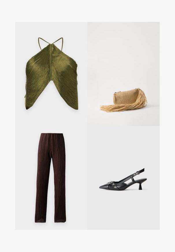 Alyvuogių žalios spalvos palaidinė su raukšlėta tekstūra, turinti plonas petnešas ir unikalią trikampio formą. Nugaros vaizdas parodo sudėtingą audinio detalę.; Rudos plačios kojos kelnės su raukšlėtu paviršiumi, aukšta juosta ir laisvu dizainu. Pagamintos iš lengvo audinio. Nėra matomų užsegimų.; Juodas odinis slingback tipo batai su smailiu priekiniu atvartu, dekoratyvinėmis sagtimis su metaliniais akyčiais ir žemu blokiniu kulnu. Saldus paviršius.; Cult Gaia VIERA - Delninukė - natural